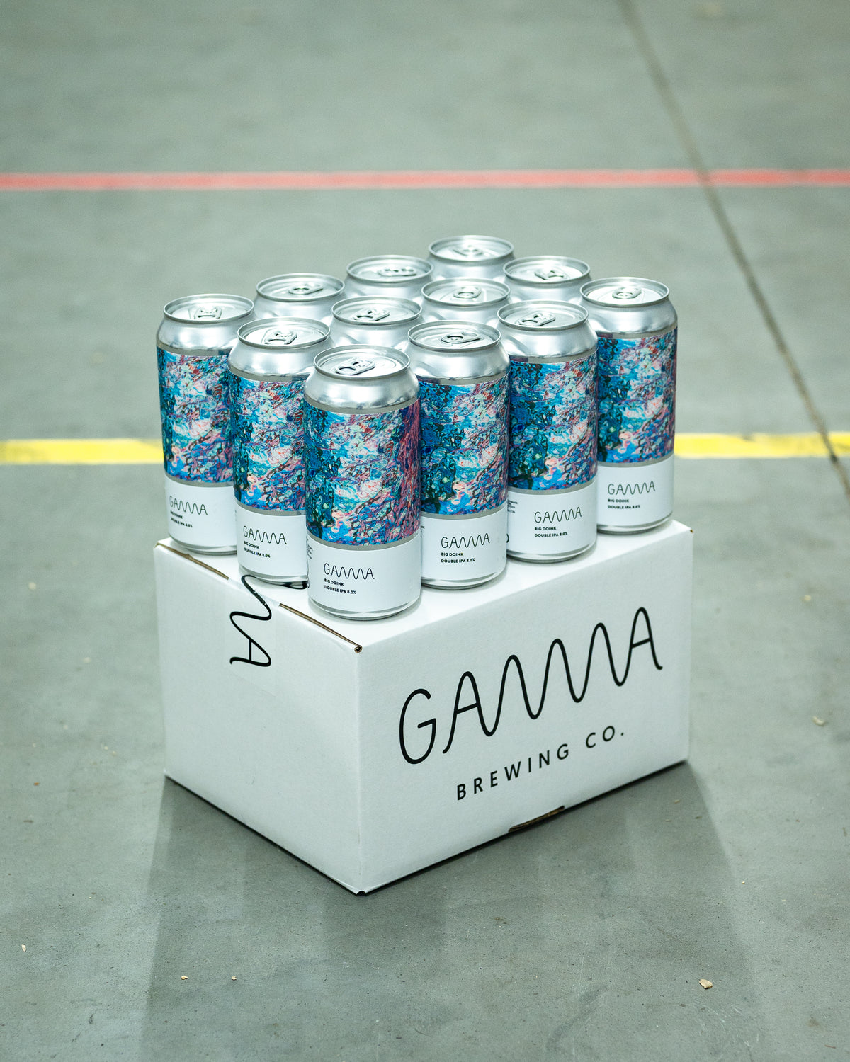 12-pack of Gamma Brewing's Big Doink double IPA beer with an abstract design, presented on top of a gamma shipping box